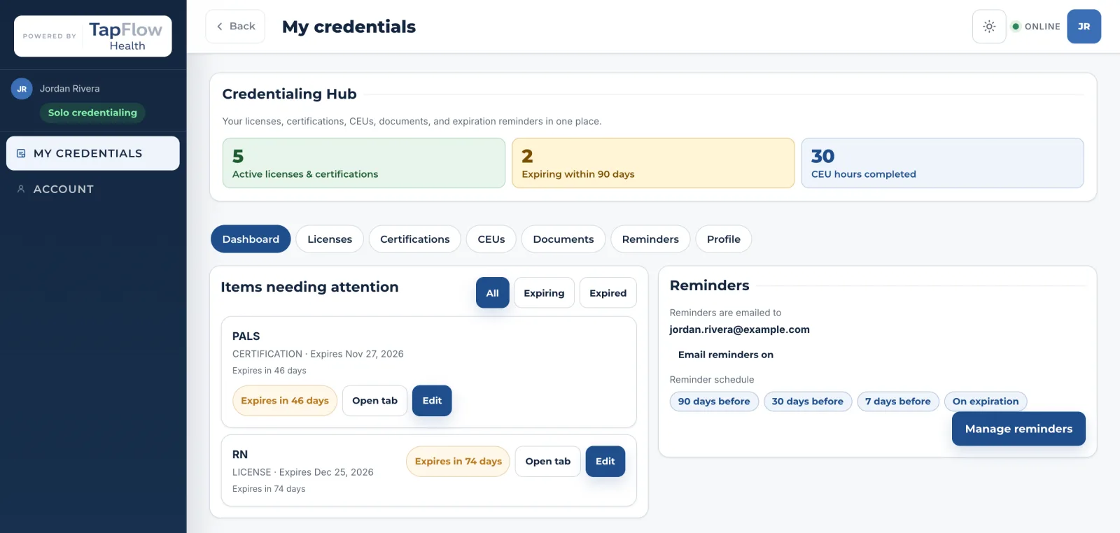 TapFlow Credentialing Hub on a computer, showing active licenses, items expiring soon, CEU hours, and the email reminder schedule