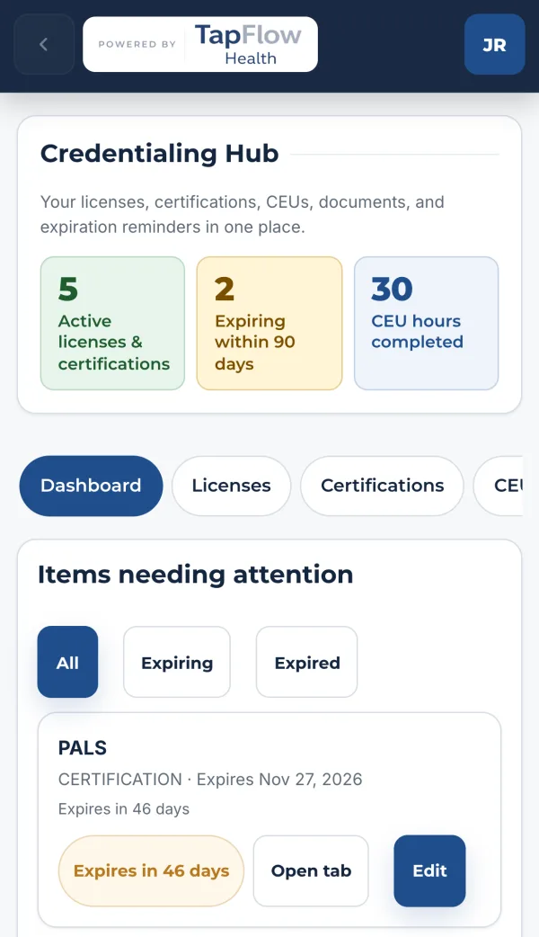 The same Credentialing Hub on a phone